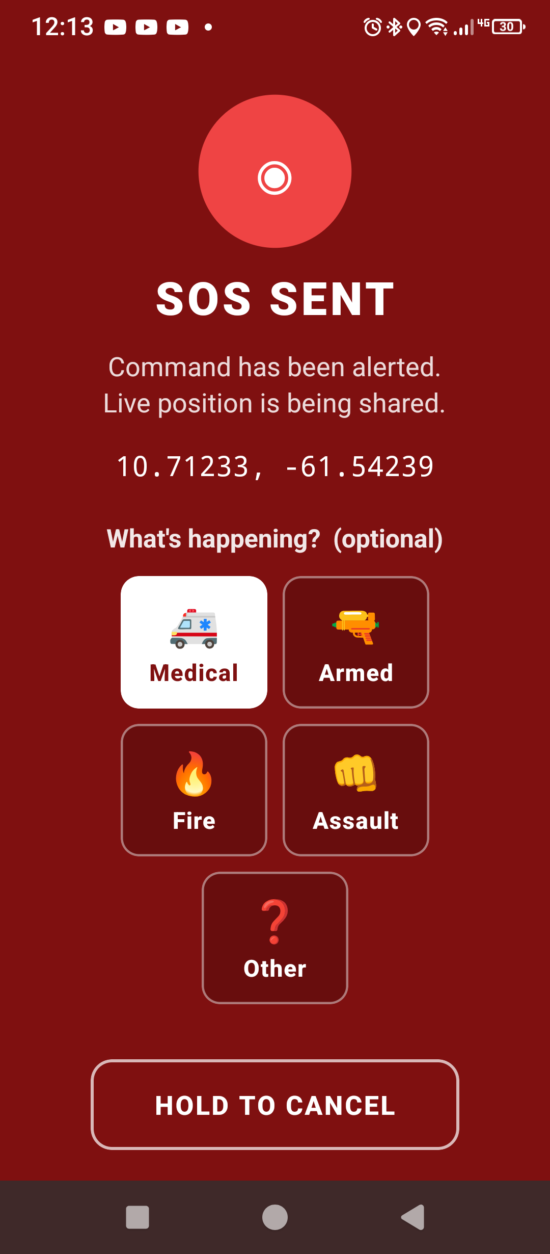 ARGUS Field app SOS sent confirmation